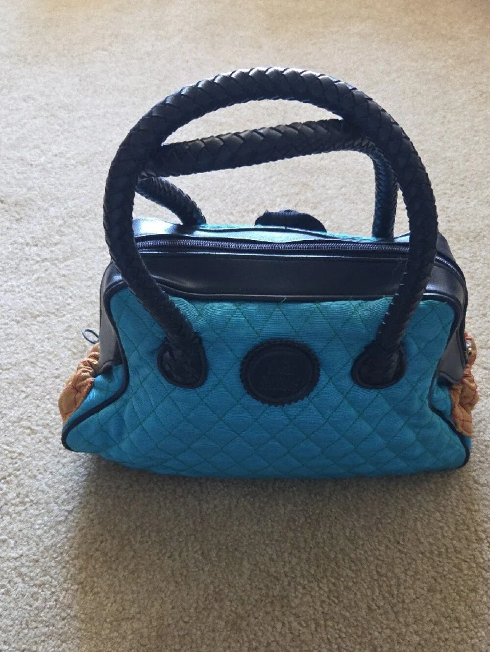 ANGELA FRASCONE Quilted Blue & Green Decorative Satchel Braided Black Handles